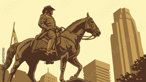 Houston skyline features a statue of a man on horseback, suitable for texasthemed designs or cityscape concepts in various projects.