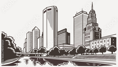 Houston skyline with bright lights reflecting in a river. Ideal for travel brochures, cityscape postcards, website banners, and social media posts.