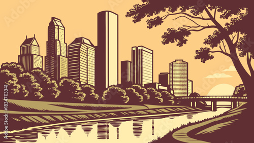 Houston skyline, river, trees, bridge urban beauty. Suitable for travel blogs, city guides, and promotional materials for houston tourism.