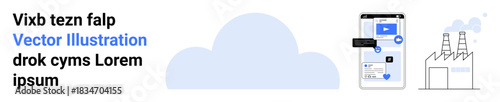 Cloud computing, industrial automation, technology communication, data sharing, mobile integration, and network solutions. Large cloud with mobile device and factory icons. Cloud computing