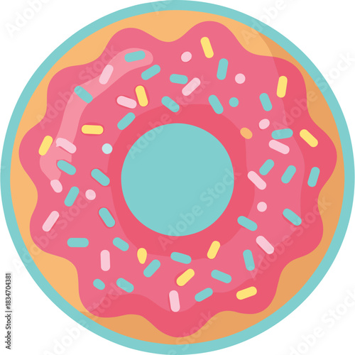 Close up top view of a pink frosted donut with colorful sprinkles on a light blue background round baked pastry dessert food high angle shot