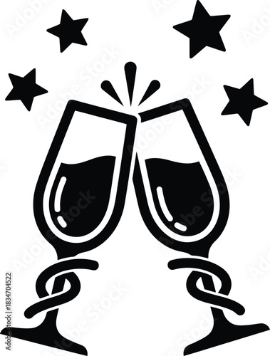cheers glasses black icon celebratory toast vector illustration with stars and sparkling effect