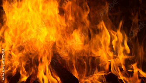 A mesmerizing close-up of a raging bonfire, with vibrant orange and yellow flames dancing wildly against a pitch-black background