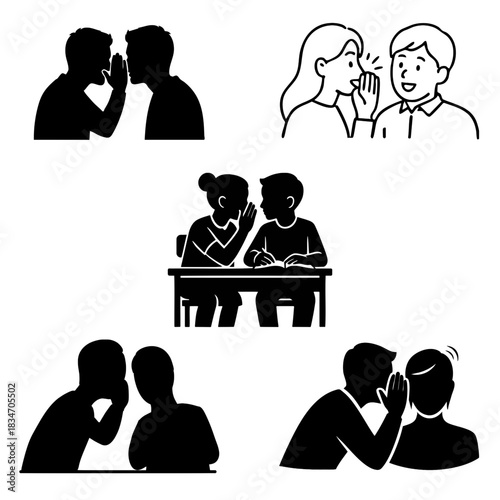 Minimal whispering secret icons showing subtle gestures, expressive faces, and soft vector lines, ideal for communication, privacy, and storytelling designs.
