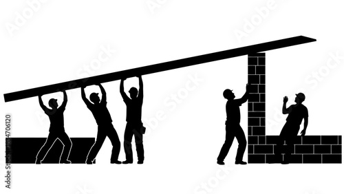 Construction workers collaborating to build a structure with a long beam overhead