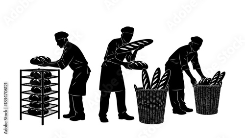 Bakers meticulously arranging fresh loaves of bread in a bakery setting, showcasing artisanal baking