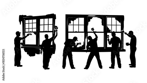 Silhouettes of construction workers replacing broken windows on a building