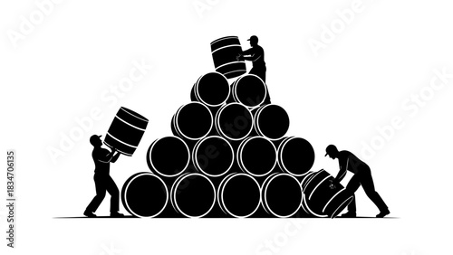Industrial workers skillfully stacking barrels to form a pyramid, symbolizing teamwork and logistics