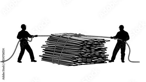 Two silhouetted figures in a tug-of-war with a large bundle of wood planks