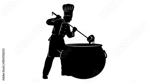 Silhouette of a chef stirring a large pot with a ladle, symbolizing culinary arts and cooking