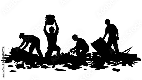 Construction Workers Silhouetted Against White Background Building Demolition Site