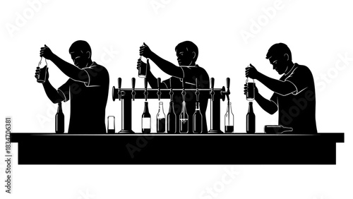 Bartender serving drinks from bottles at a bar counter with taps, depicted in a silhouette style