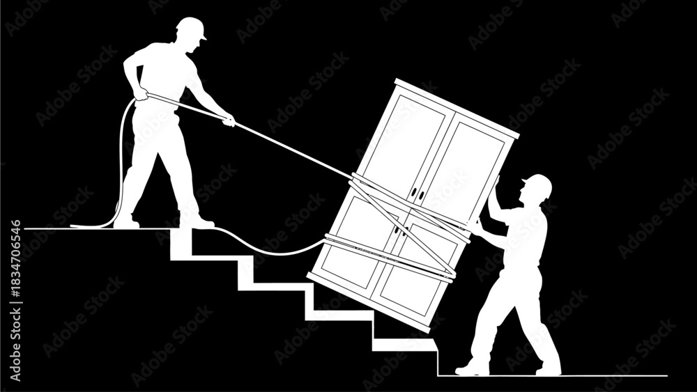Obraz premium Two people struggling to move a large cabinet up a steep staircase using a rope