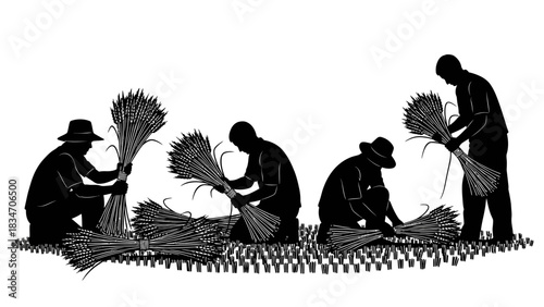 Farmers harvesting crops in a field, illustration of agricultural work and rural life