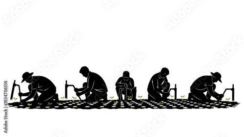 Farmers working in the fields planting seedlings in a silhouette illustration