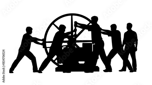 Teamwork and collaboration as a group of people push a large wheel together for a common goal