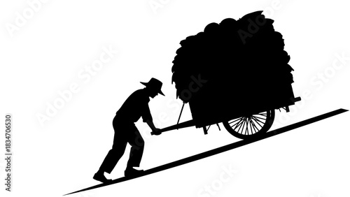 Silhouette of a farmer pushing a cart full of hay up a hill symbolizing hard work and dedication