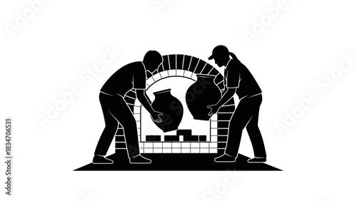Pottery kiln with workers loading ceramic pots into a brick oven