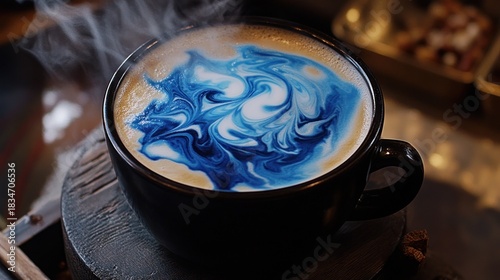 Close up shot of cappuccino art in a dark mug with steam rising