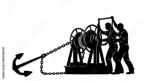 Two men pulling a large anchor with a winch, maritime and nautical scene