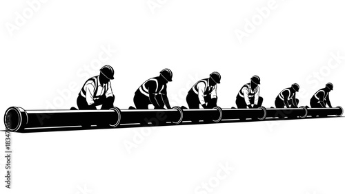 Workers installing large diameter pipes for infrastructure development or construction projects