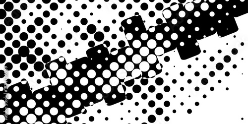 Abstract futuristic halftone shapes on suitable ornament varying sizes and color pattern background, black and white vector seamless texture with geometric difference pattern type of modern design.