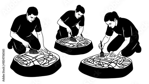Illustration of three people preparing food by cutting and arranging ingredients on a large platter