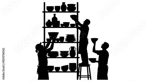 People arranging pottery on shelves, silhouette illustration