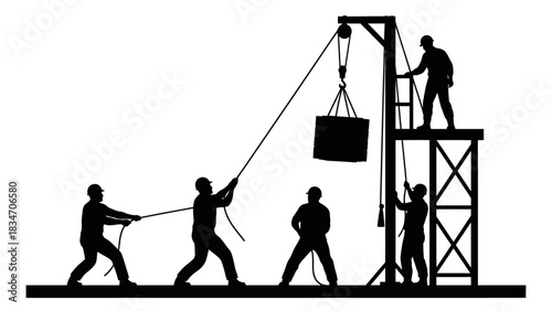 Construction workers collaboratively lifting a heavy object using a pulley system and scaffolding