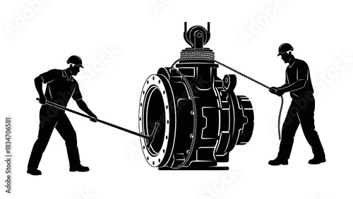Two workers maneuvering a large mechanical component with levers in a stylized, graphic illustration