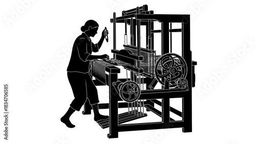 Illustration of a woman operating a traditional loom, weaving fabric