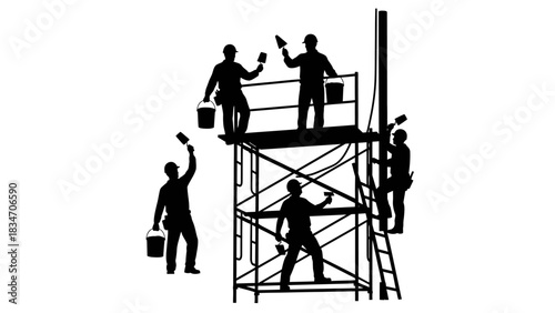 Construction workers painting a building from scaffolding, skilled professionals at work