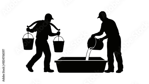 Two people working together carrying water in buckets and pouring it into a tub, representing teamwork and cooperation