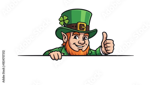 A cheerful cartoon leprechaun in a green top hat with a shamrock, holding a frothy mug of beer and giving a thumbs-up for a festive celebration