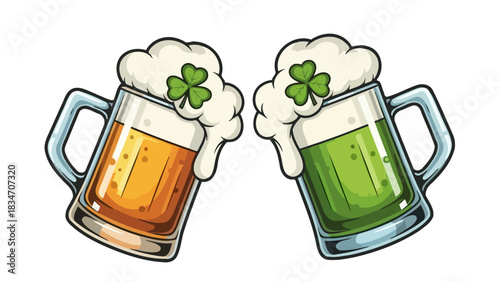A festive St. Patrick's Day toast concept with two clinking beer mugs, one golden ale and one green lager, topped with shamrocks