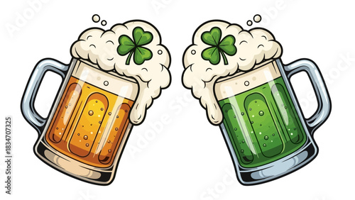 Lively illustration of two frothy beer mugs, one golden and one emerald, adorned with lucky clovers, clinking in a cheerful toast, embodying festive celebrations and good fortune
