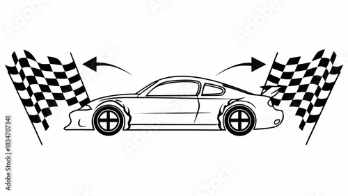 Dynamic race car outline with checkered flags, perfect for automotive design or race-themed projects, conveying speed, excitement, and the thrill of competition