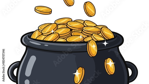 An overflowing black cauldron filled with a hoard of shiny gold coins, symbolizing wealth, success, and abundance