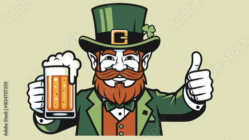 Jolly emerald isle character raising a frothy green beverage in a celebratory gesture, embodying festive cheer and traditional Irish folklore with a friendly thumbs up