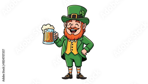 Cheerful cartoon leprechaun in a green top hat holding a mug of foamy beer and giving a thumbs-up for a celebration