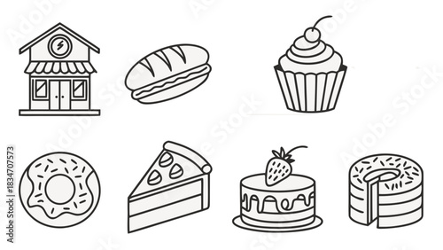 Delightful bakery treats line art: shop, cake, cupcake, donut, pizza, sandwich. Perfect for menus, branding, and food-related creative projects.