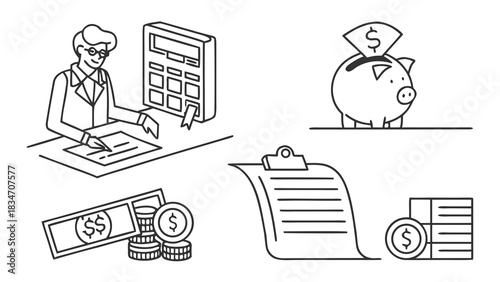 Accountant calculating business finances, savings growing in piggy bank, a modern financial planning concept for wealth and investment, originally a vector