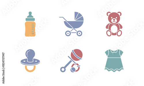 Set of six cute baby care and toy icons including a feeding bottle, stroller, teddy bear, pacifier, rattle, and dress, isolated on