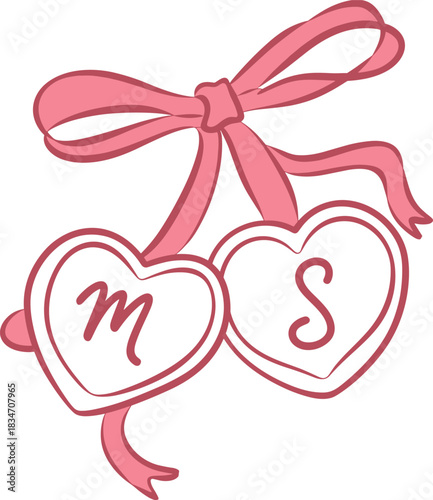 Romantic ribbon hearts, decorative bow design, love initials, pink hanging elements, valentine theme, vector illustration, couple symbol, affectionate layout