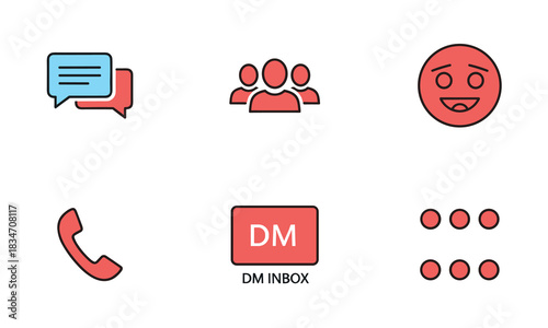 Set of six communication and social media icons including chat bubbles, group, emoji, phone receiver, direct message, and menu dots, isolated on