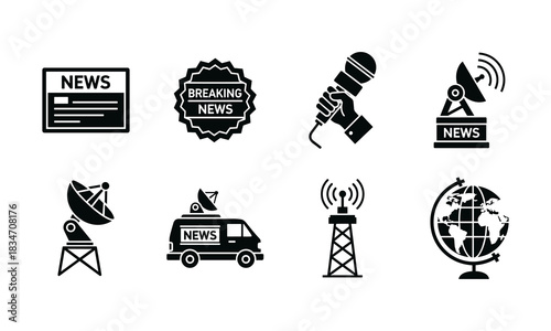 Set of eight black and white icons representing news, media, broadcasting, communication, and global information transmission, isolated on