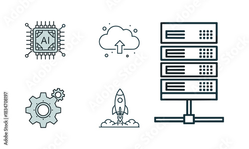 Set of technology icons representing artificial intelligence chip, cloud upload, server rack, gear mechanism, and rocket launch, isolated on