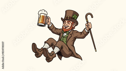 Jovial Irish leprechaun cartoon character celebrating with a frothy mug of beer and a lucky shamrock top hat, embodying festive holiday cheer