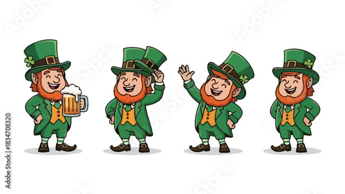 A collection of cheerful cartoon leprechaun characters in various poses, perfect for St. Patrick's Day festive designs and celebrations