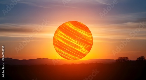 Digital Abstract Sun Setting Over a Silhouetted Landscape.